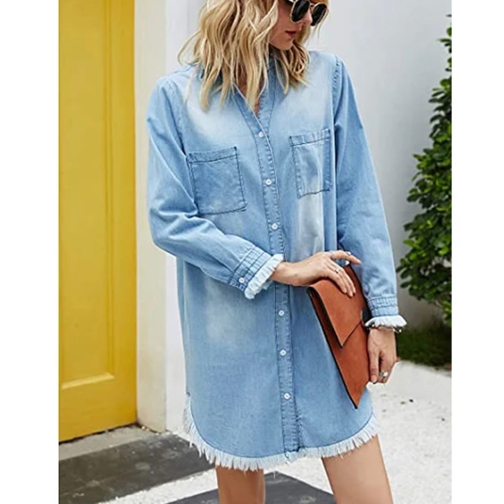 Light Blue Denim Mini Shirt Dress - Casual Button-Front